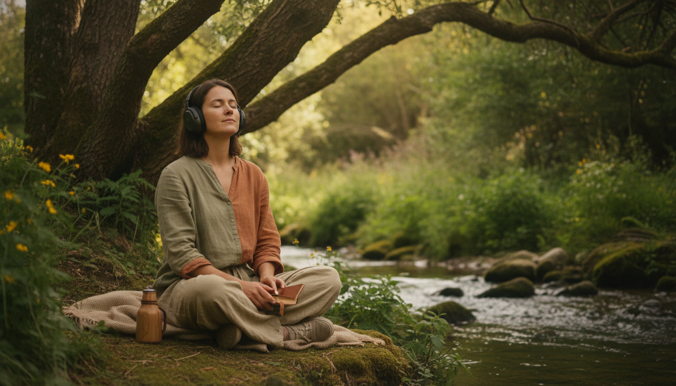 Photo réaliste d'une personne assise en tailleur dans un jardin verdoyant, écoutant un livre audio de méditation avec des écouteurs blancs, entourée de plantes et de lumière naturelle dorée, style photographique apaisant aux tons verts et beiges